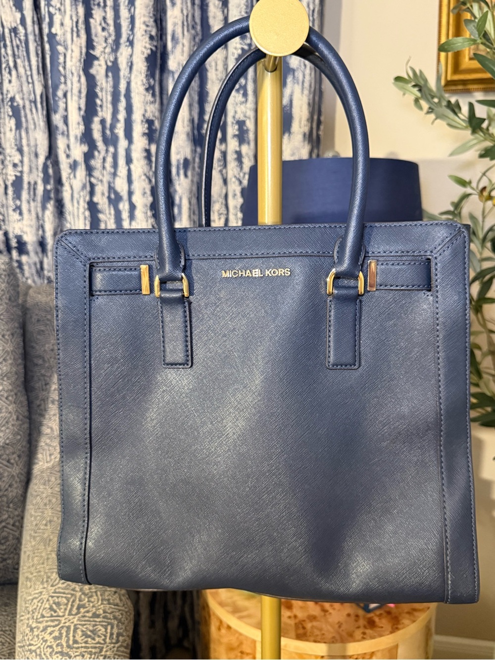 Michael Kors Blue Saffiano Leather Satchel with Gold Hardware